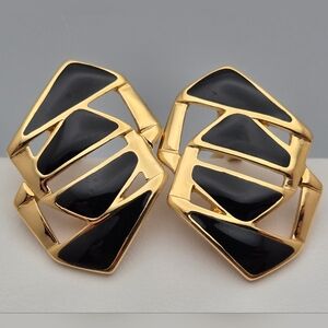 Vintage Monet Black Enamel Geometric Clip-On Earrings 1980s